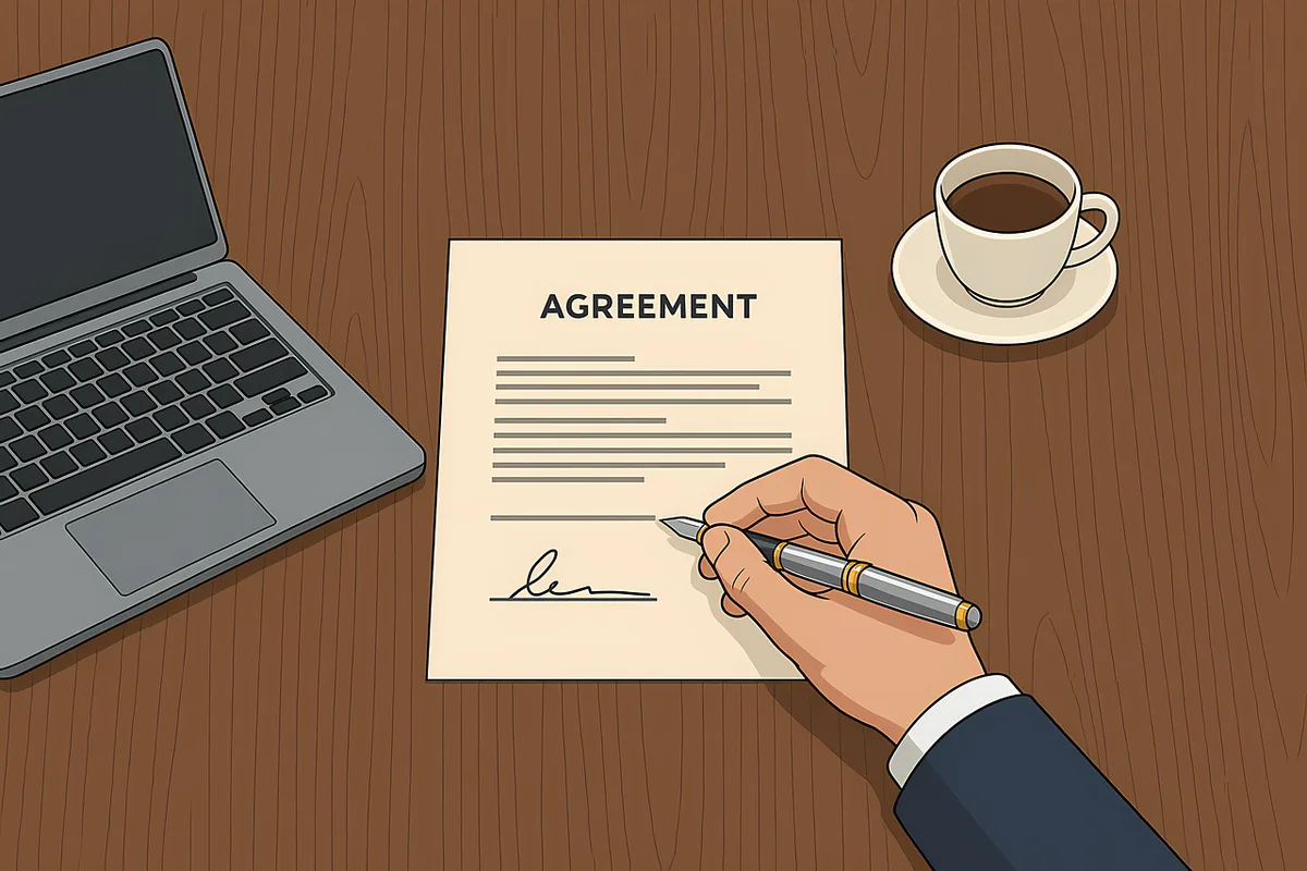 Contrat de travail posé sur un bureau, document et stylo visibles