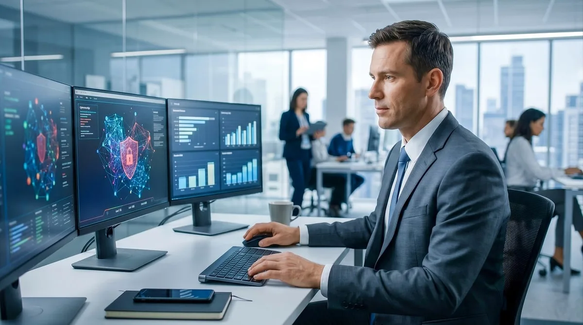 Ordinateur portable d'un bureau professionnel illustrant le risque cyber