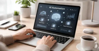 Mains tapant sur un clavier d'ordinateur portable affichant un diagramme de workflow et des icônes d'automatisation