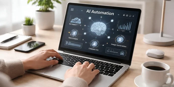 Mains tapant sur un clavier d'ordinateur portable affichant un diagramme de workflow et des icônes d'automatisation