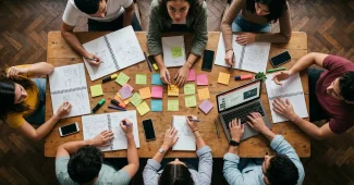 Equipe anonyme en réunion de projet ERP, table avec ordinateur et documents à la lumière du jour