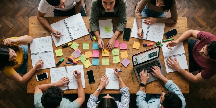Equipe anonyme en réunion de projet ERP, table avec ordinateur et documents à la lumière du jour